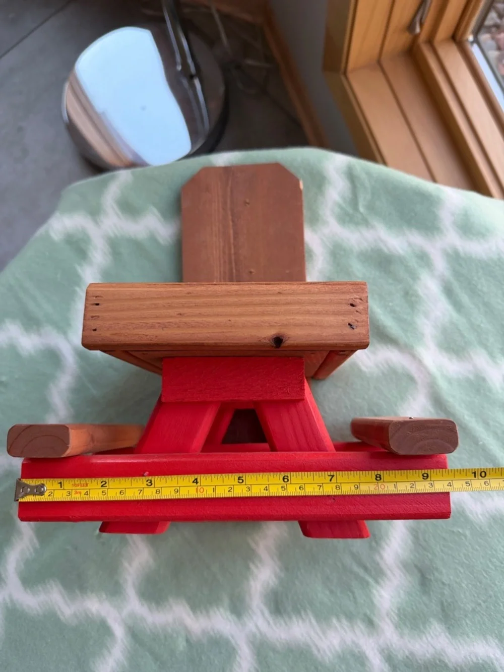 NEW bird feeder handmade wooden picnic bench style- Natural Brown & Orange Red
